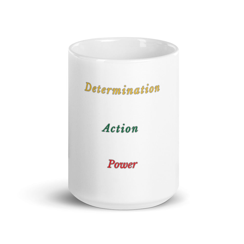 Determination Inspiration Vision Action Power Opportunity Work Effort Results white glossy coffee mug